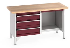 41002040.** Bott Cubio Storage Workbench 1500mm wide x 750mm Deep x 840mm high supplied with a Multiplex (layered beech ply) worktop, 3 x Drawers (1 x 200mm & 2 x 150mm high)  and 1 x open section with 1/2 depth base shelf....